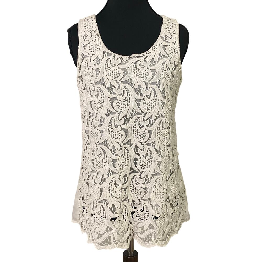 Ecru Ivory Cotton Lace Front Silk Back Sleeveless Blouse Small Scoop Neck